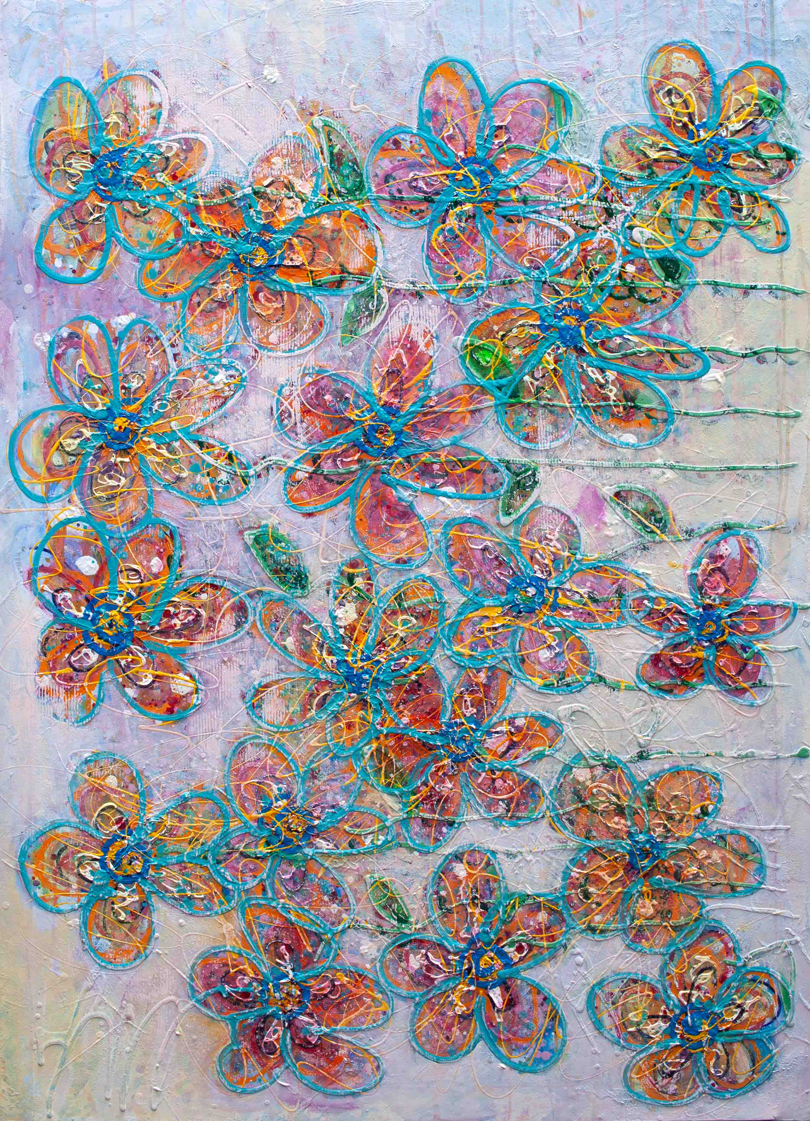 Full view of Light Gathered in Bloom, an abstract floral painting by Lisa Marie Jones featuring layered pastel tones and luminous colour