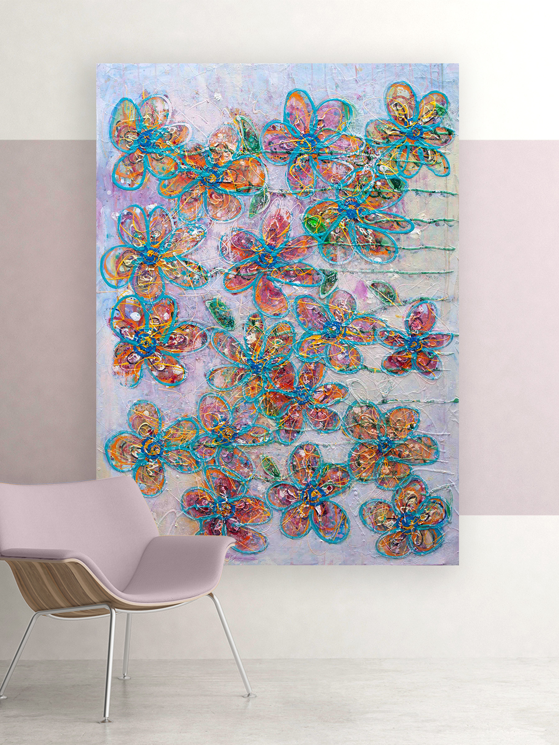 Light Gathered in Bloom abstract painting by Lisa Marie Jones shown in a contemporary interior, highlighting scale and colour