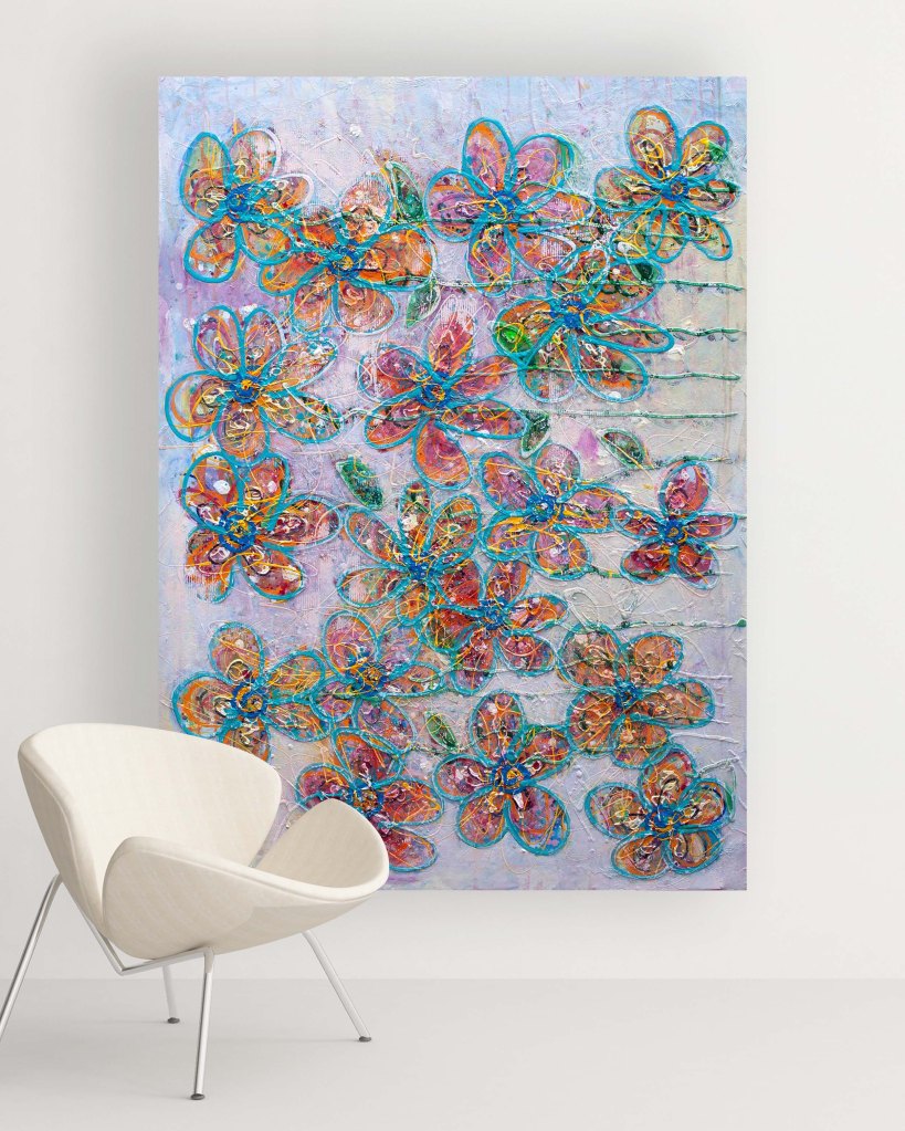 Light Gathered in Bloom abstract painting by Lisa Marie Jones shown in a contemporary interior, highlighting scale and colour