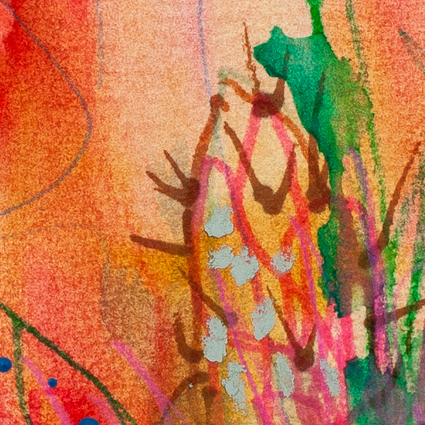 Close-up detail of Succulent Sunset by Lisa Marie Jones showing layered cactus-like forms, blue dot accents and warm sunset colours