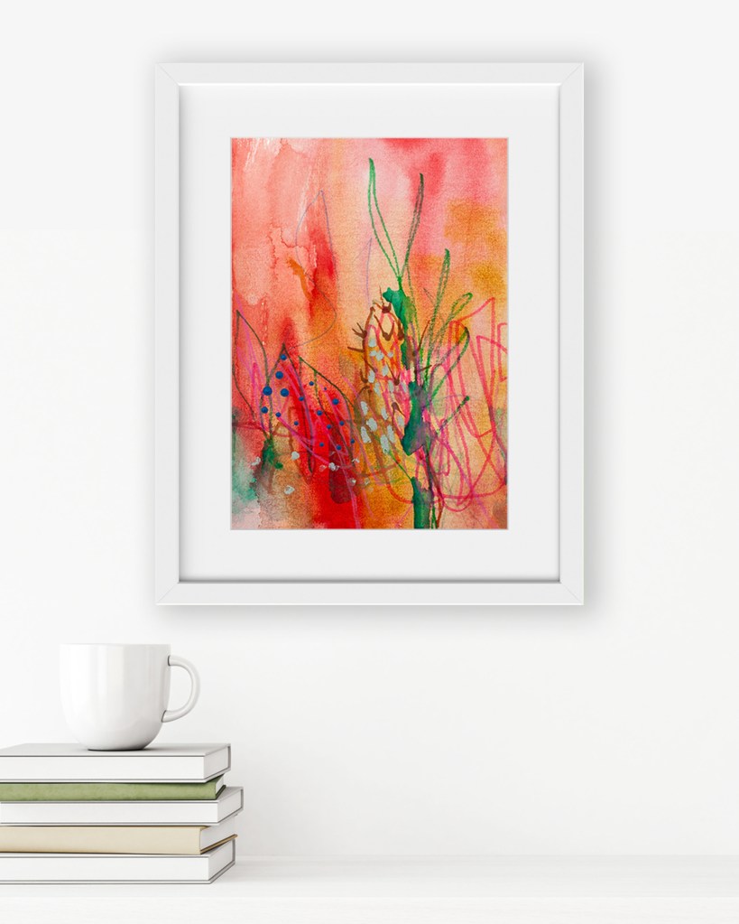 Framed abstract artwork Succulent Sunset by Lisa Marie Jones displayed in a light, modern interior setting.