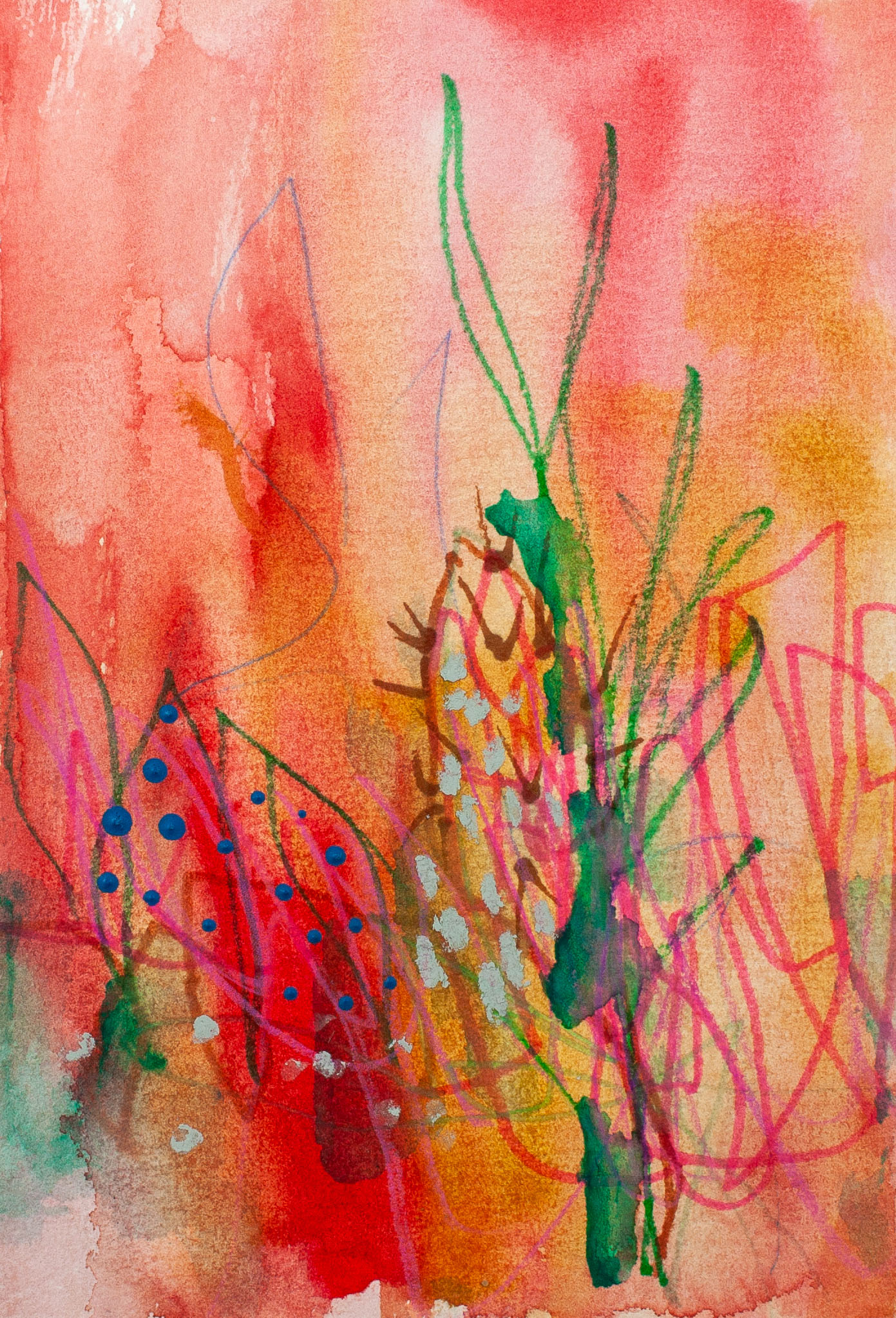 Succulent Sunset by Lisa Marie Jones, an abstract artwork with warm coral, peach and golden tones layered with cactus-like marks and soft gestural lines.