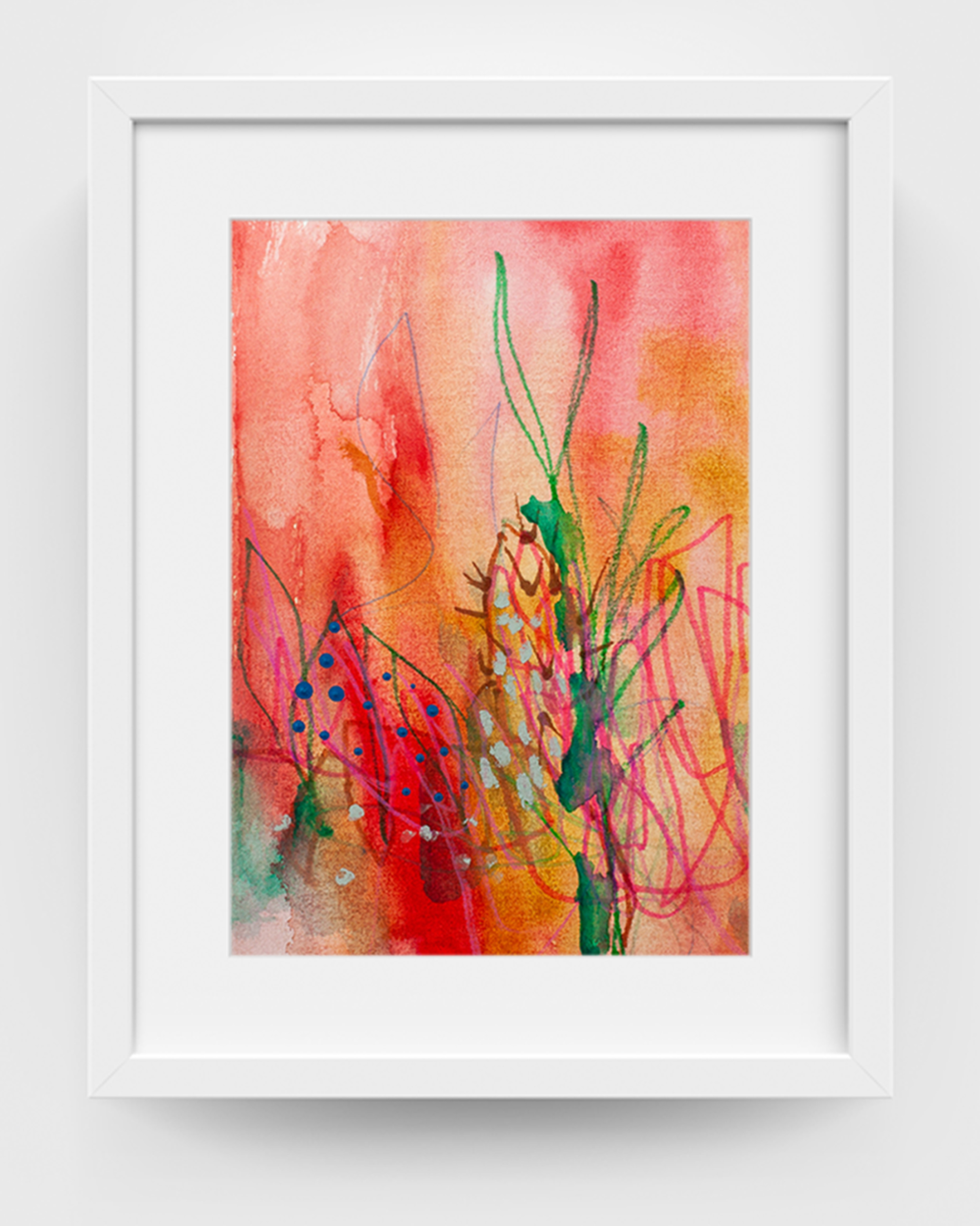 Succulent Sunset by Lisa Marie Jones shown in a white frame, a contemporary abstract artwork inspired by desert light and cactus forms.