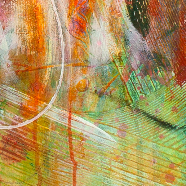 Textural detail of Two Blooms of the Same Light by Lisa Marie Jones with soft green and pastel movement