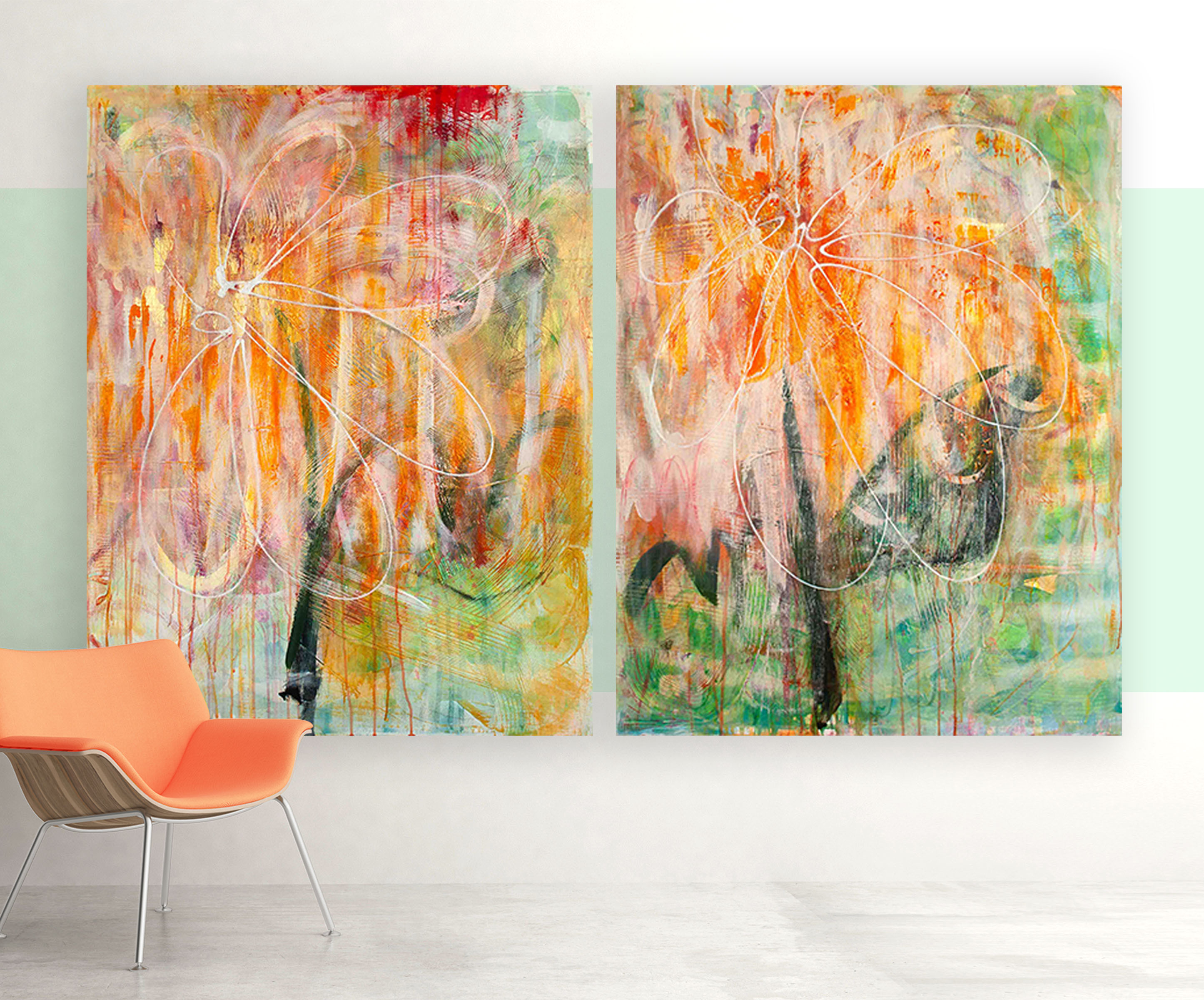 Abstract floral diptych painting Two Blooms of the Same Light by Lisa Marie Jones, featuring layered orange, green and soft pastel tones with expressive line work