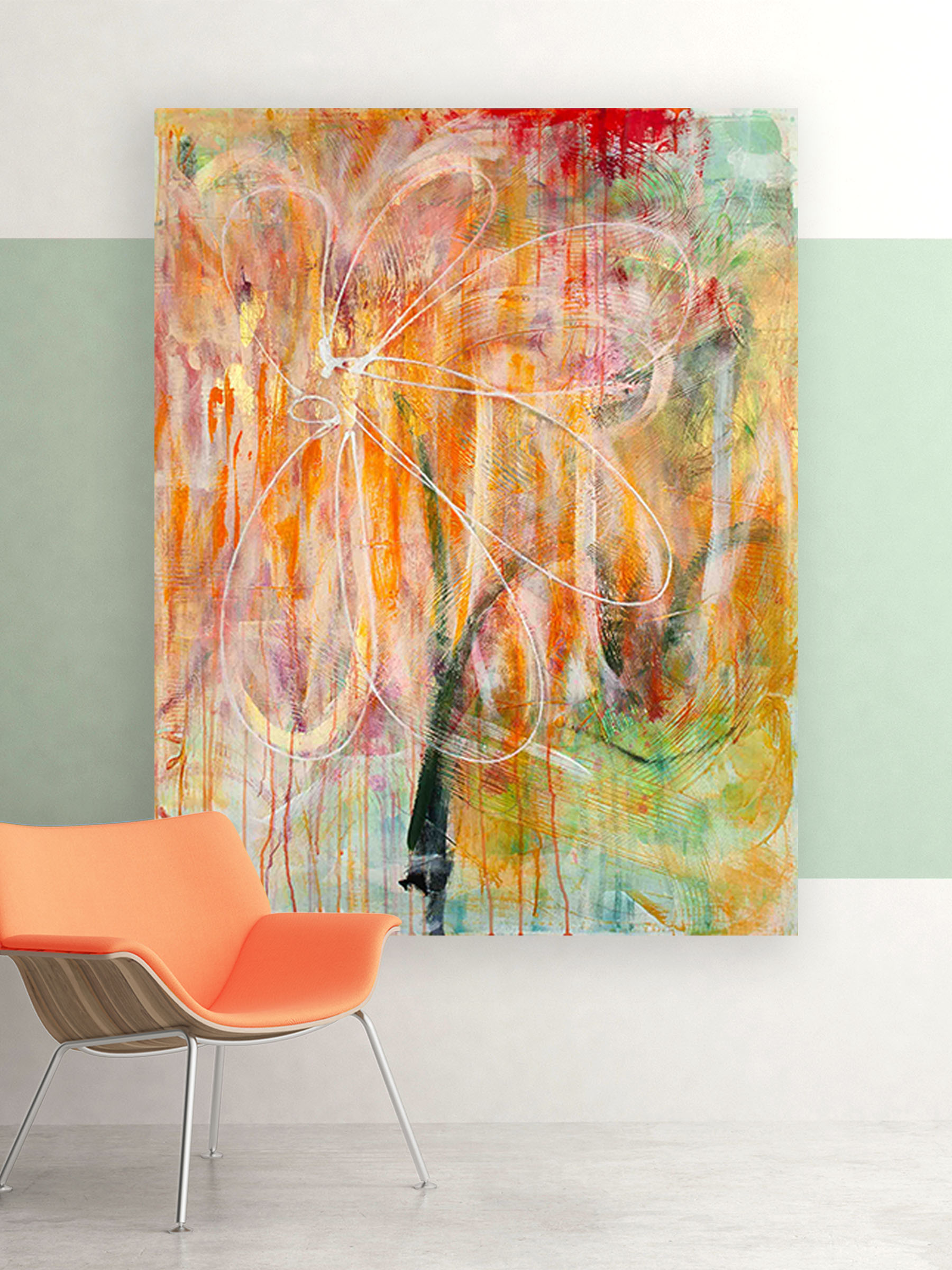 Two Blooms of the Same Light left panel by Australian Artist Lisa Marie Jones, abstract floral paintings in warm orange, gold and green tones