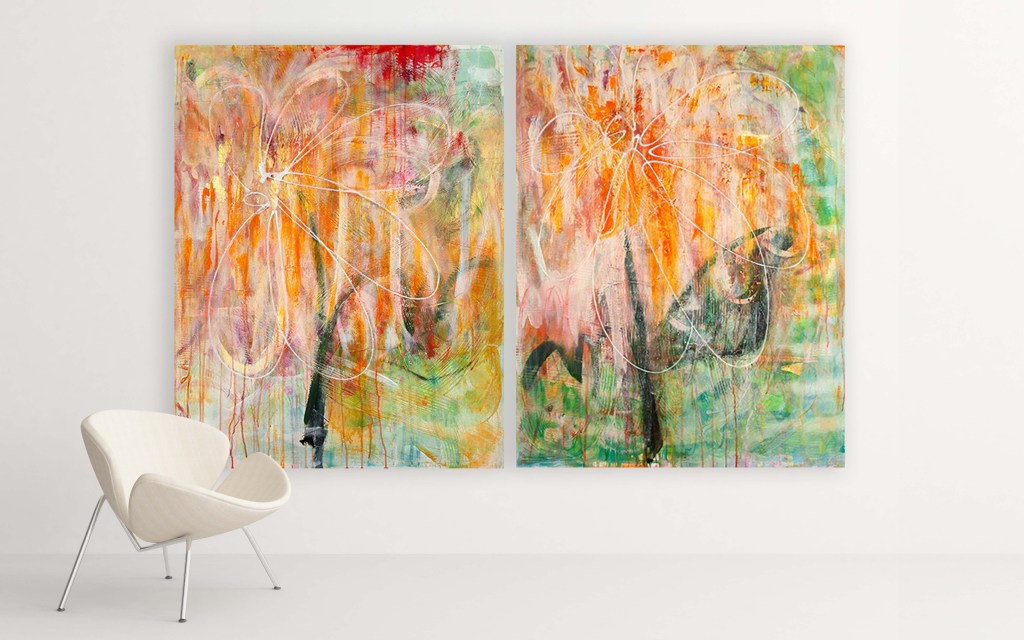 Two Blooms of the Same Light Abstract floral diptych by Lisa Marie Jones styled in a contemporary interior setting