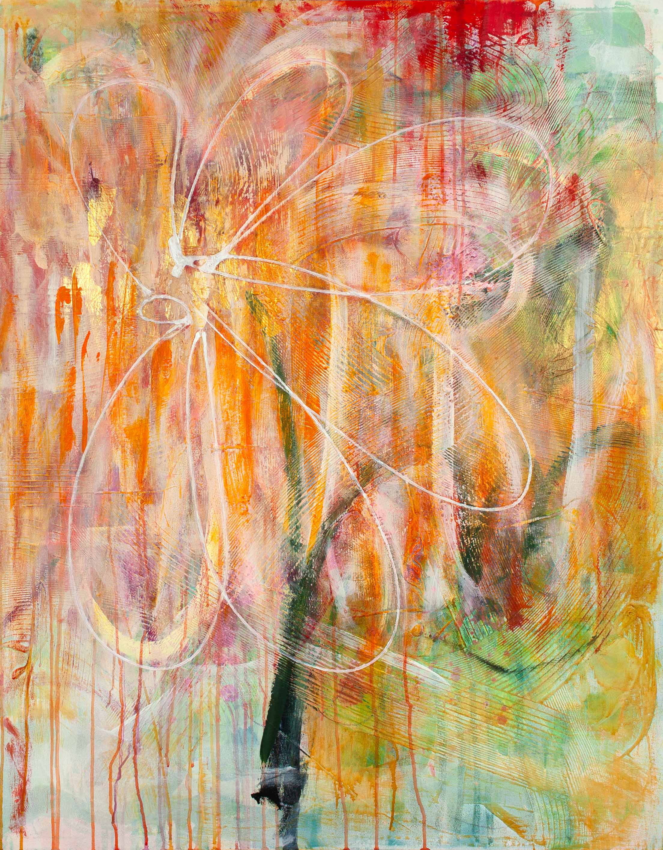 Left panel of Two Blooms of the Same Light by Lisa Marie Jones, abstract floral form with flowing white linework