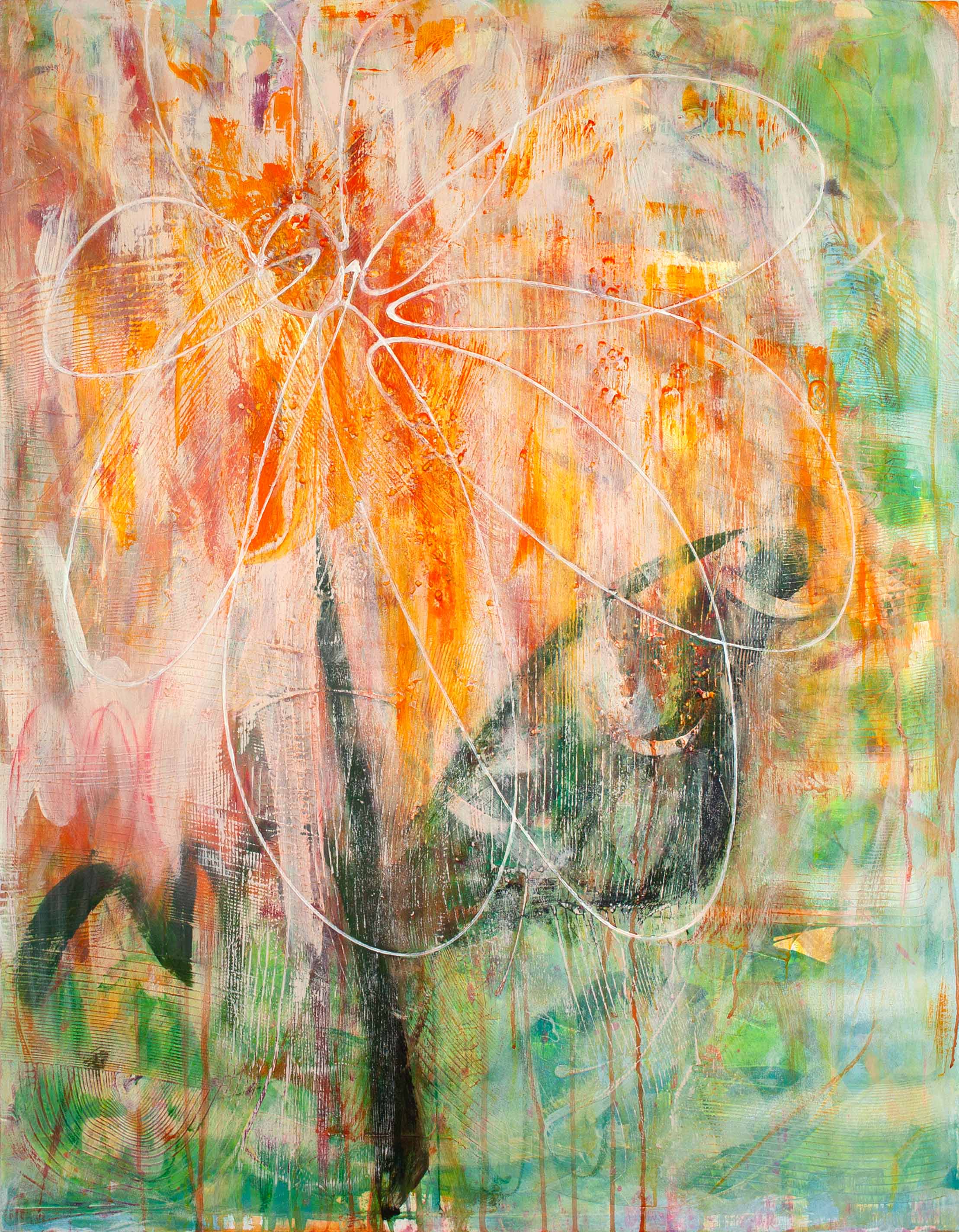 Right panel of Two Blooms of the Same Light by Lisa Marie Jones, abstract bloom in layered orange, gold and green