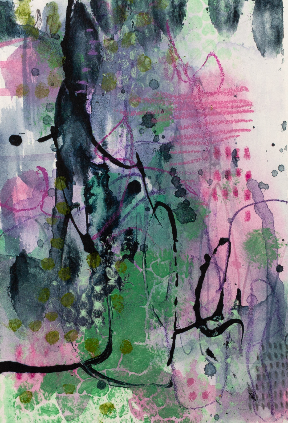 Abstract artwork “What Grows When Tended” by Lisa Marie Jones, featuring layered pink, green and charcoal marks suggesting growth, care, and quiet emergence.