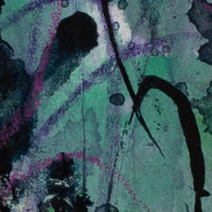 Close-up detail of “What Grows When Tended” by Lisa Marie Jones, showing soft pink washes, green organic textures, and expressive black lines.