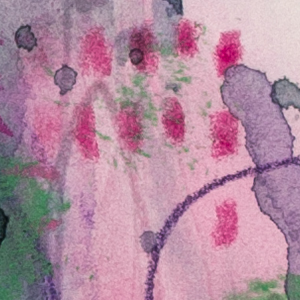 Detail view of abstract gestures and layered colour in “What Grows When Tended” by Lisa Marie Jones, evoking nourishment and gentle growth.