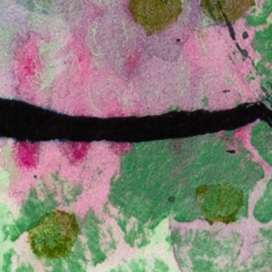 Abstract texture detail from “What Grows When Tended” by Lisa Marie Jones, highlighting rhythmic marks, earthy greens, and soft rose tones.