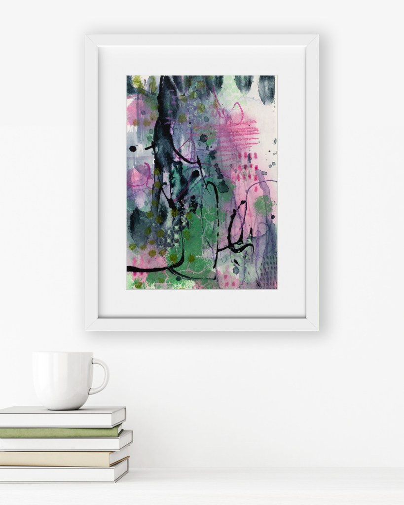 Abstract artwork “What Grows When Tended” by Lisa Marie Jones displayed in a minimalist interior, conveying calm, care, and natural growth.