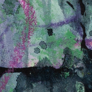 Detail of “What Lives Under Colour” by Lisa Marie Jones showing textured green and violet layers with organic marks and subtle patterning.