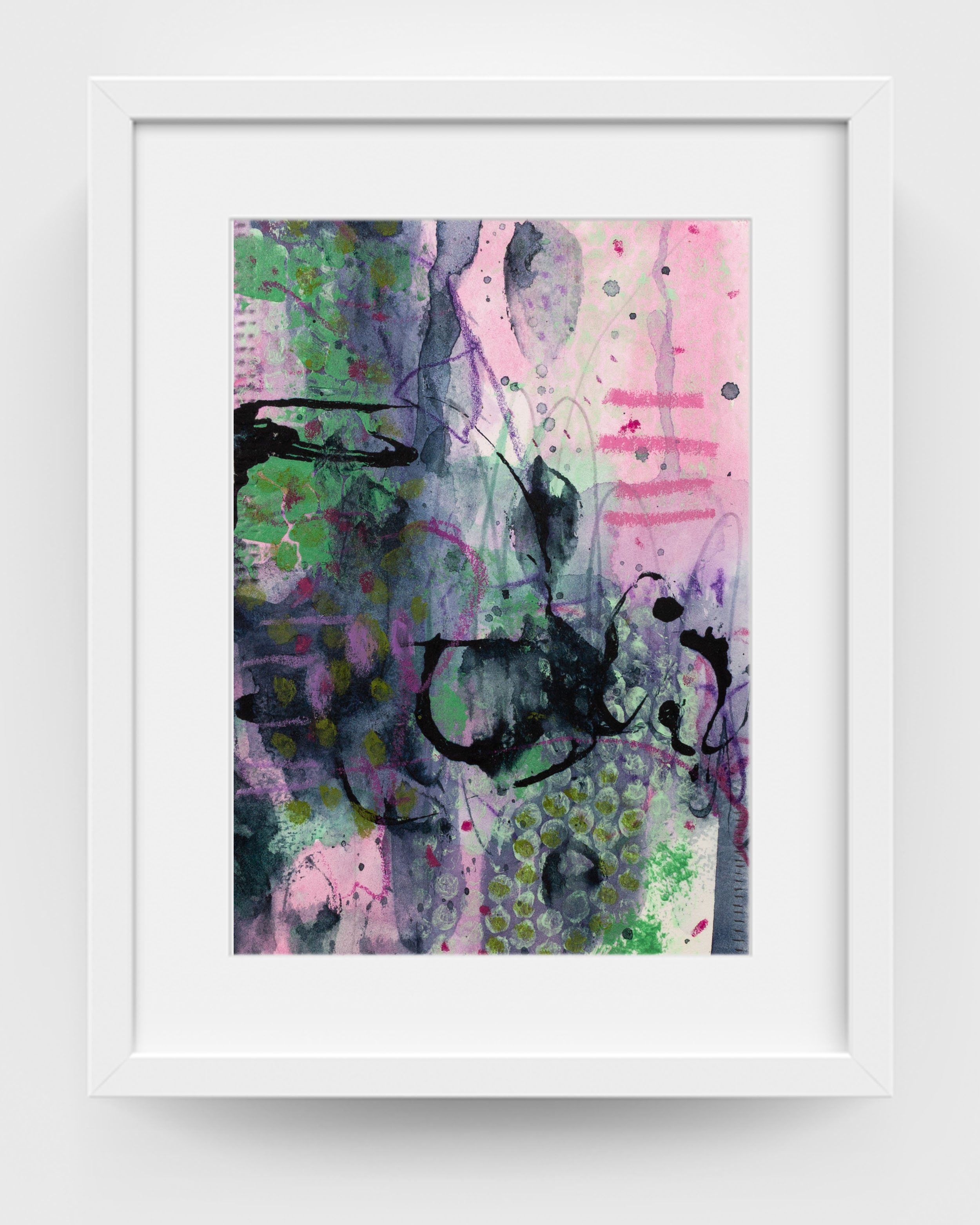 Framed abstract painting “What Lives Under Colour” by Lisa Marie Jones, featuring soft organic colour layers and intuitive contemporary composition.