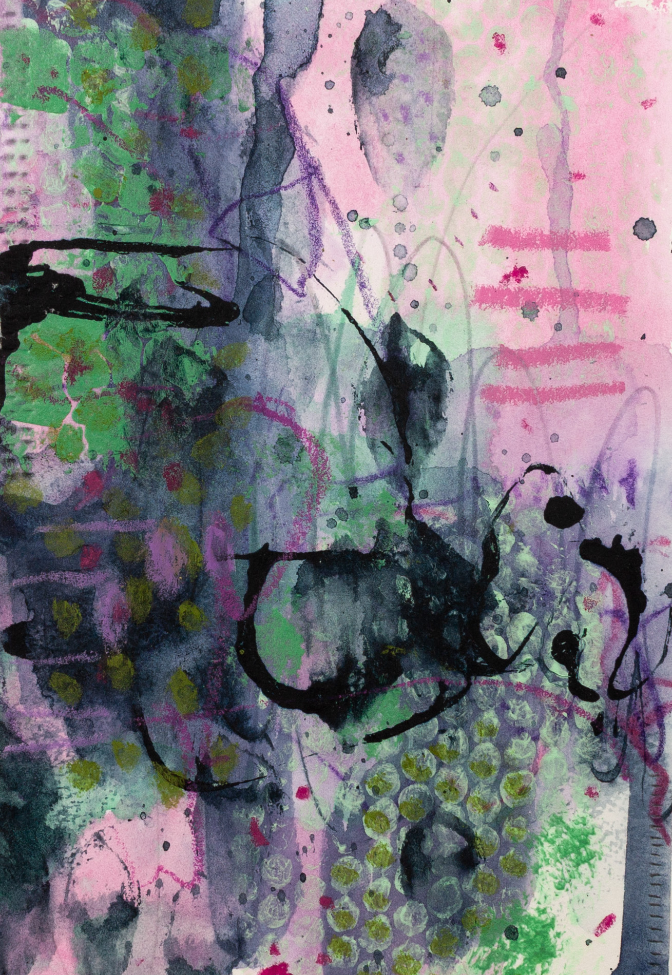 Abstract painting titled “What Lives Under Colour” by Lisa Marie Jones, featuring layered greens, pinks, violets and black gestural marks exploring hidden life beneath colour.