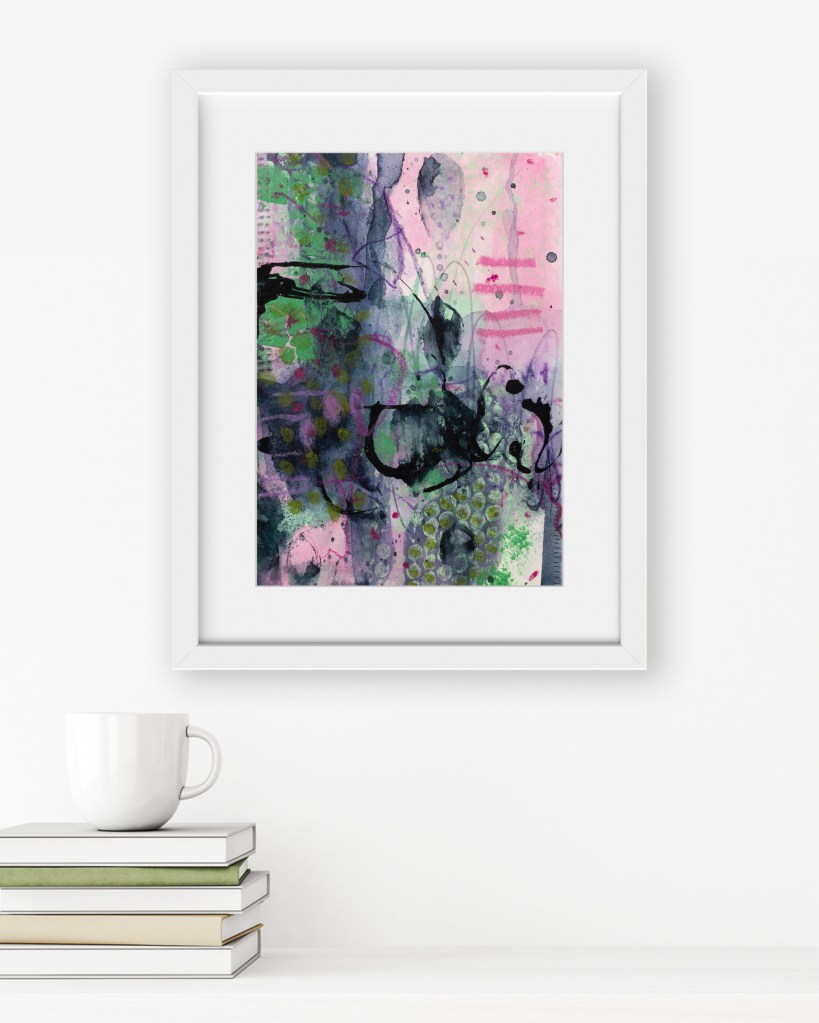 In situ view of abstract artwork “What Lives Under Colour” by Lisa Marie Jones displayed in a white frame within a contemporary interior.