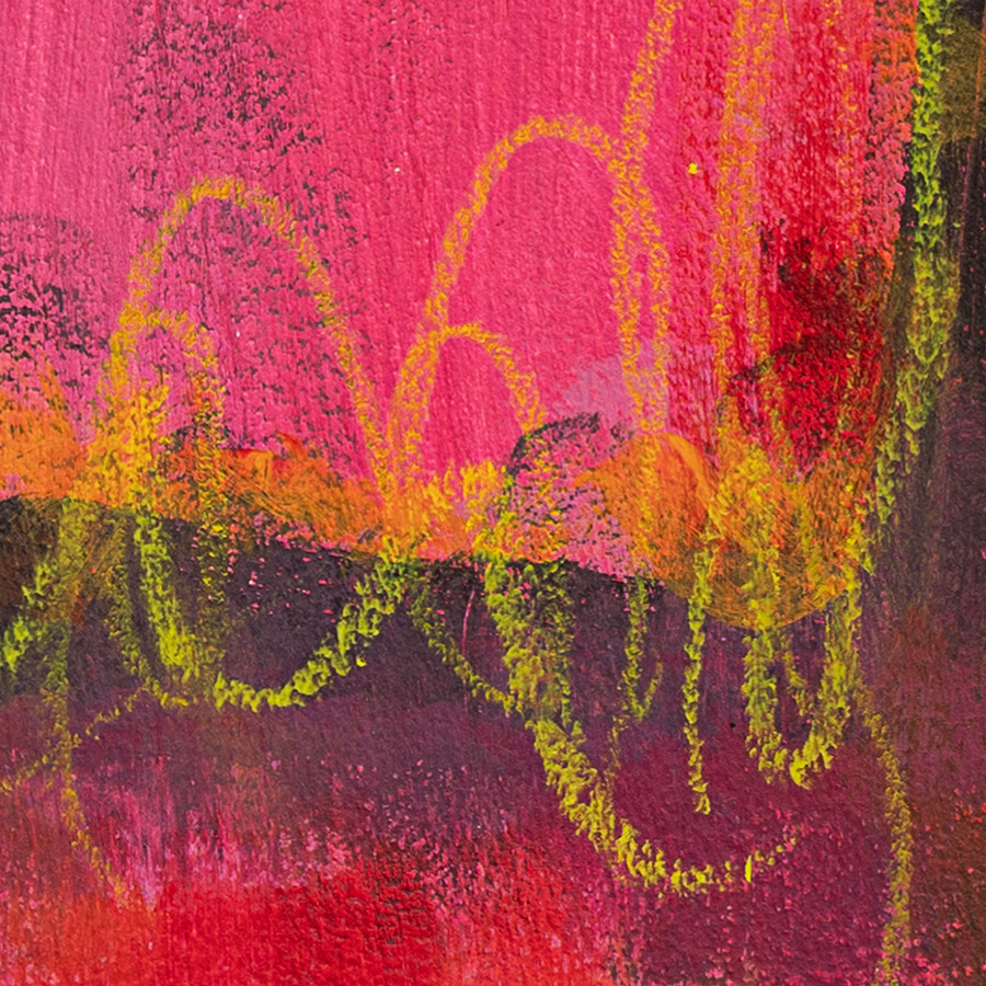 Close-up detail of Where Red Plays highlighting gestural line work and playful mark-making across rich red and magenta colour fields.