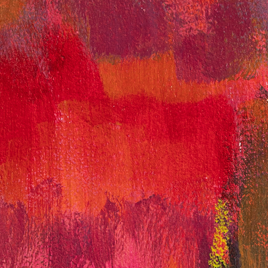 Textural detail of Where Red Plays by Lisa Marie Jones, revealing depth, layering and subtle tonal shifts within red and crimson hues.