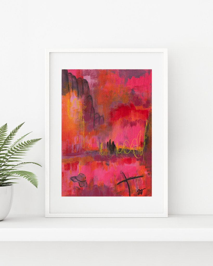 Where Red Plays by Lisa Marie Jones displayed framed in a light, modern interior setting.