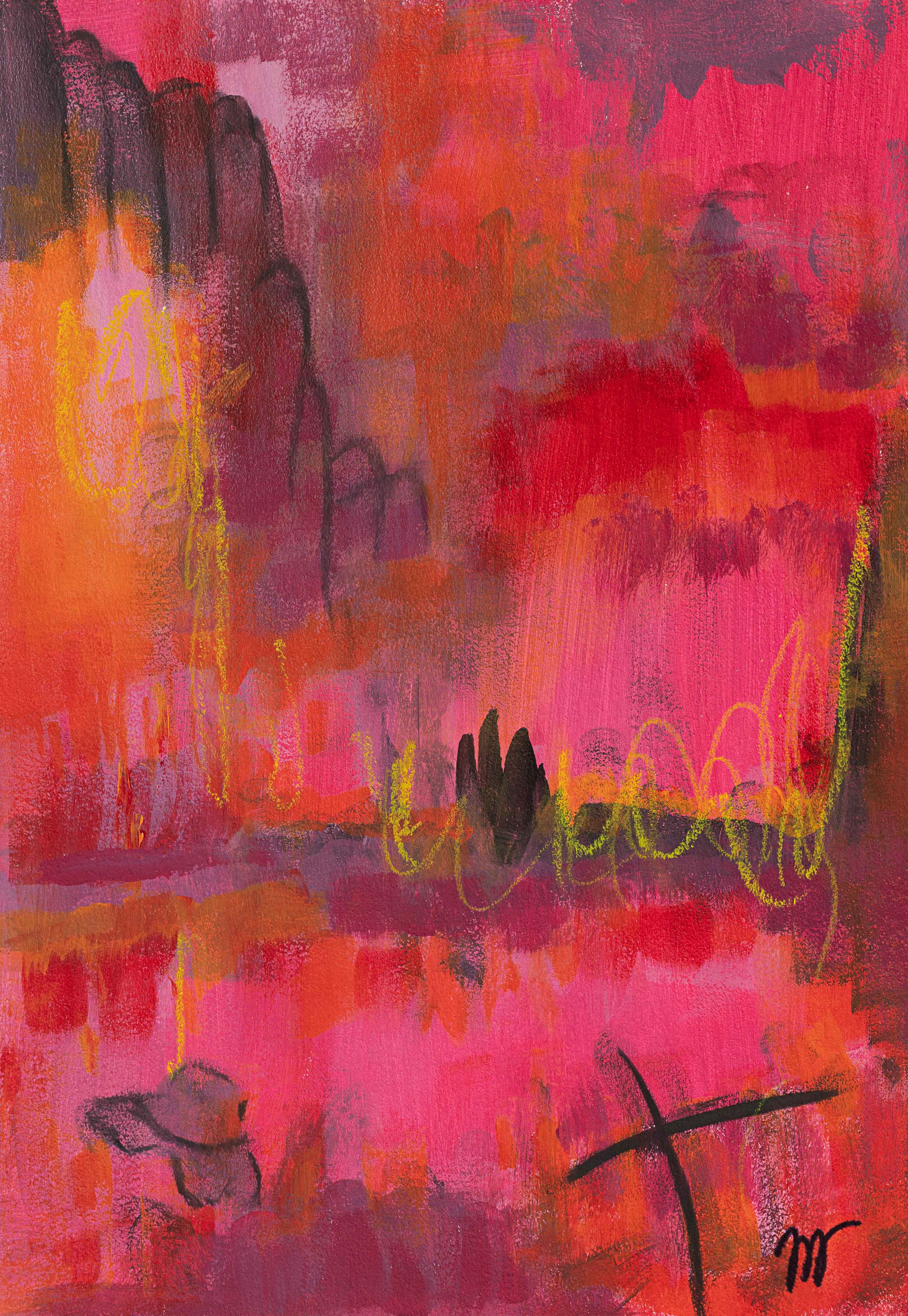 Where Red Plays by Lisa Marie Jones, contemporary abstract artwork exploring red, pink and crimson tones through layered colour and intuitive mark-making.