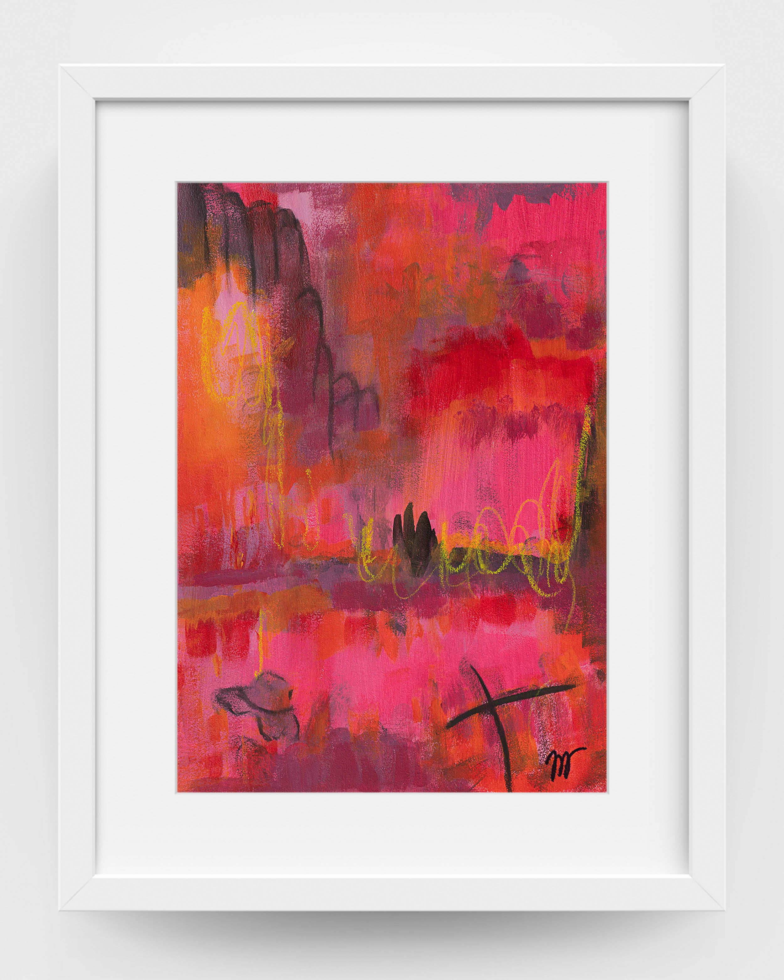 Where Red Plays by Lisa Marie Jones, contemporary abstract artwork exploring red, pink and crimson tones through layered colour and intuitive mark-making displayed in frame