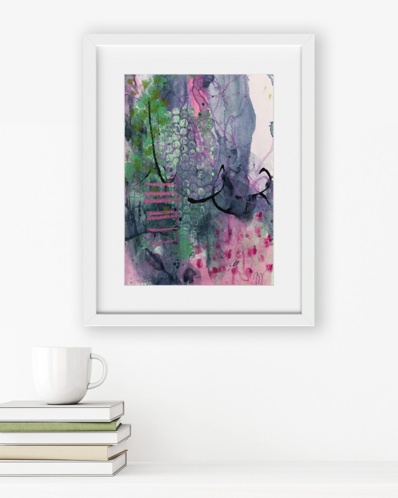 Interior mockup featuring Memory Has Weight, an abstract painting by Lisa Jones, bringing a calm, contemplative presence to a light-filled modern space.