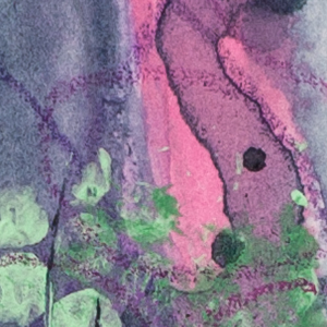 Close-up detail of Memory Has Weight showing translucent layers of purple and grey with soft green textures and subtle mark-making on watercolour paper.