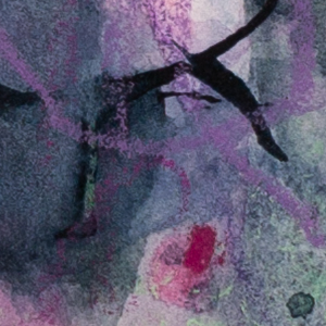 Detail view of Memory Has Weight highlighting blush pink passages, moss green forms and fluid watercolour textures with a sense of quiet accumulation.