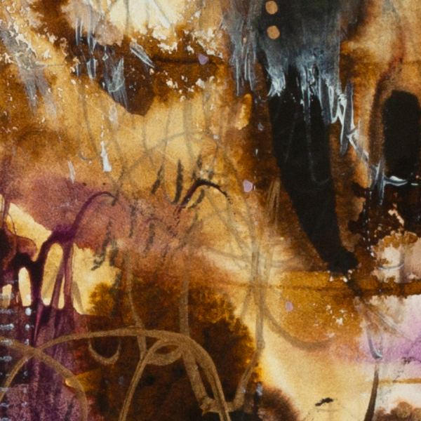 Close-up detail of Mulberry Field highlighting fluid brushwork, translucent layers, and contrast between plum and earthy neutrals