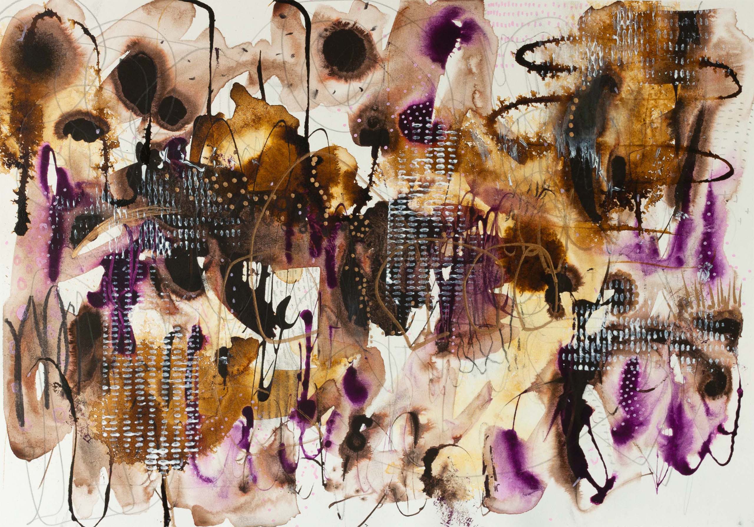 Full view of Mulberry Field by Lisa Marie Jones, abstract painting with flowing organic forms, textured marks, and rich mulberry hues