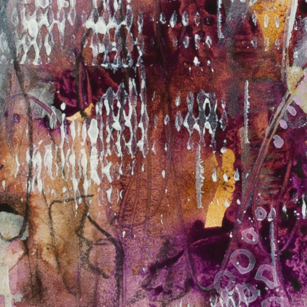 Detail of Mulberry Veil showing rich mulberry and plum ink blooms layered over soft washes and markings