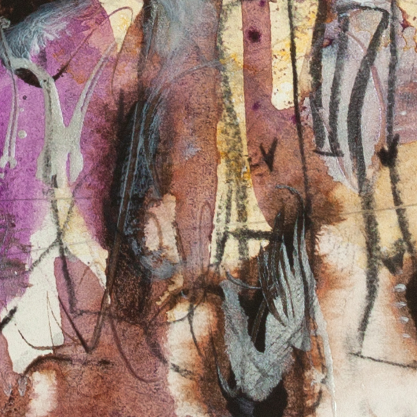 Close-up detail of Mulberry Veil highlighting expressive linear gestures and translucent layered marks