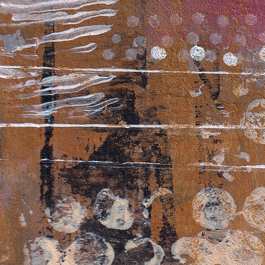 Close-up of Near Enough to Feel showing expressive linear marks and layered paint creating rhythm, movement, and depth across the abstract surface.