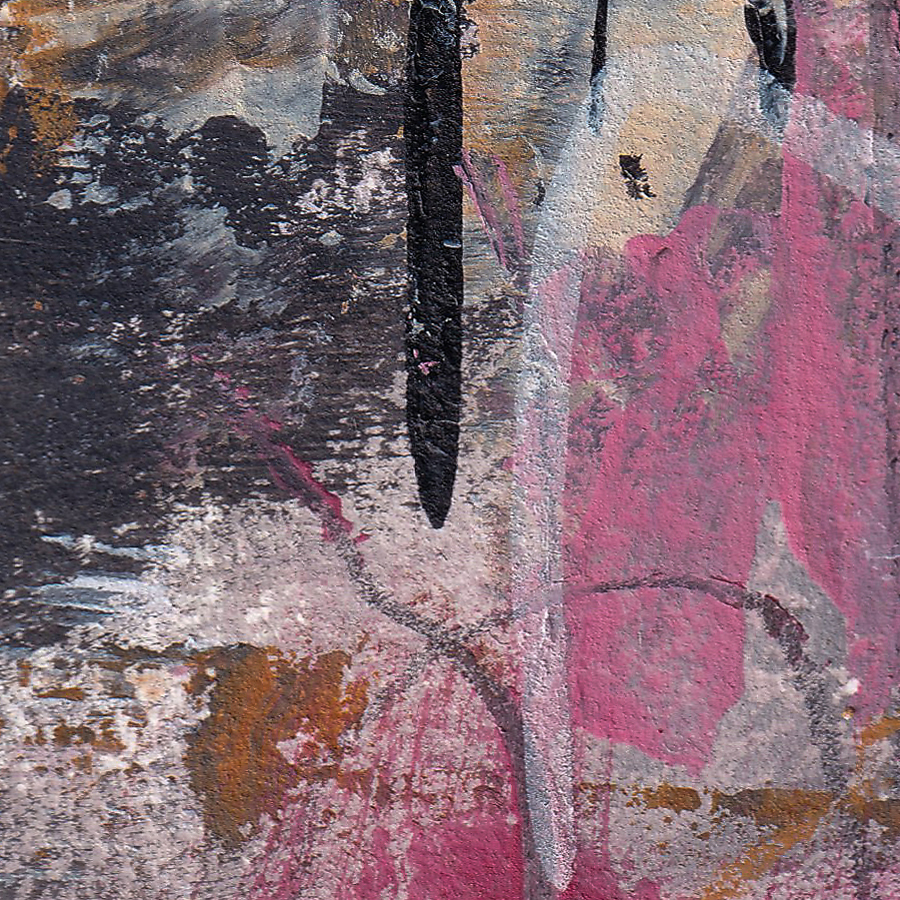 Detail of Near Enough to Feel by Lisa Marie Jones highlighting layered brushstrokes, dotted patterns, and textured surface in pink, charcoal, and warm ochre tones.