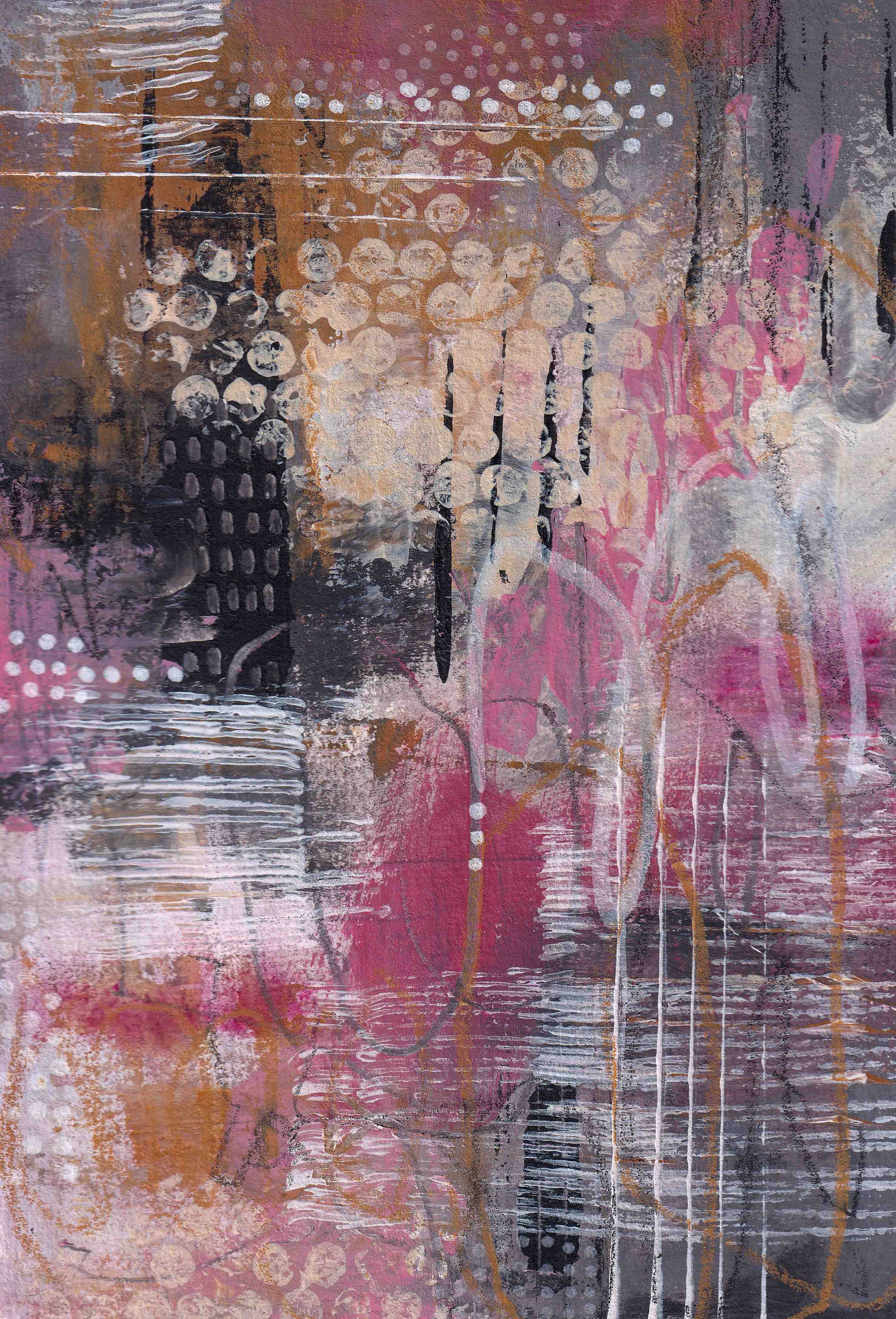 Near Enough to Feel, contemporary abstract artwork by Lisa Marie Jones featuring layered brushstrokes in pink, ochre, grey, black, and soft white with textured marks and flowing lines.