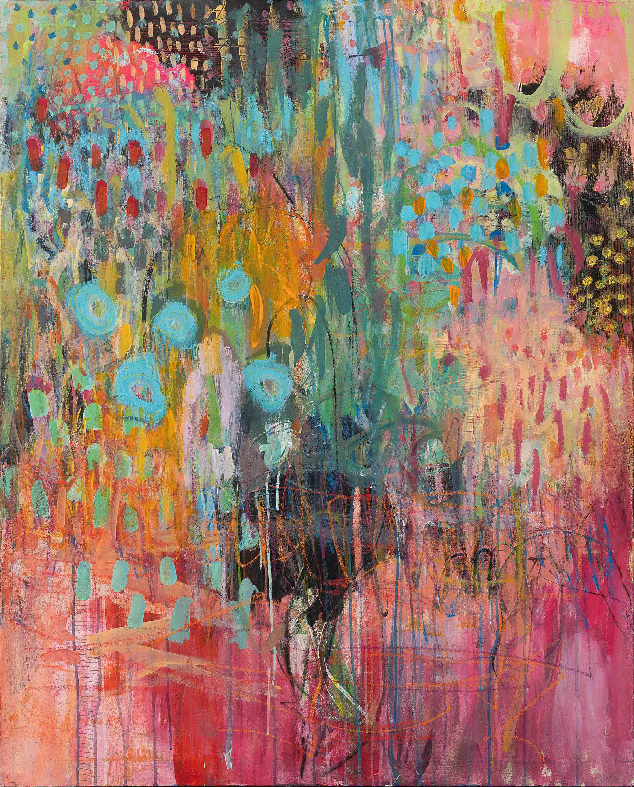 Full view of Petals in Wild Abundance by Lisa Marie Jones, a bold abstract artwork celebrating colour, movement and organic rhythm