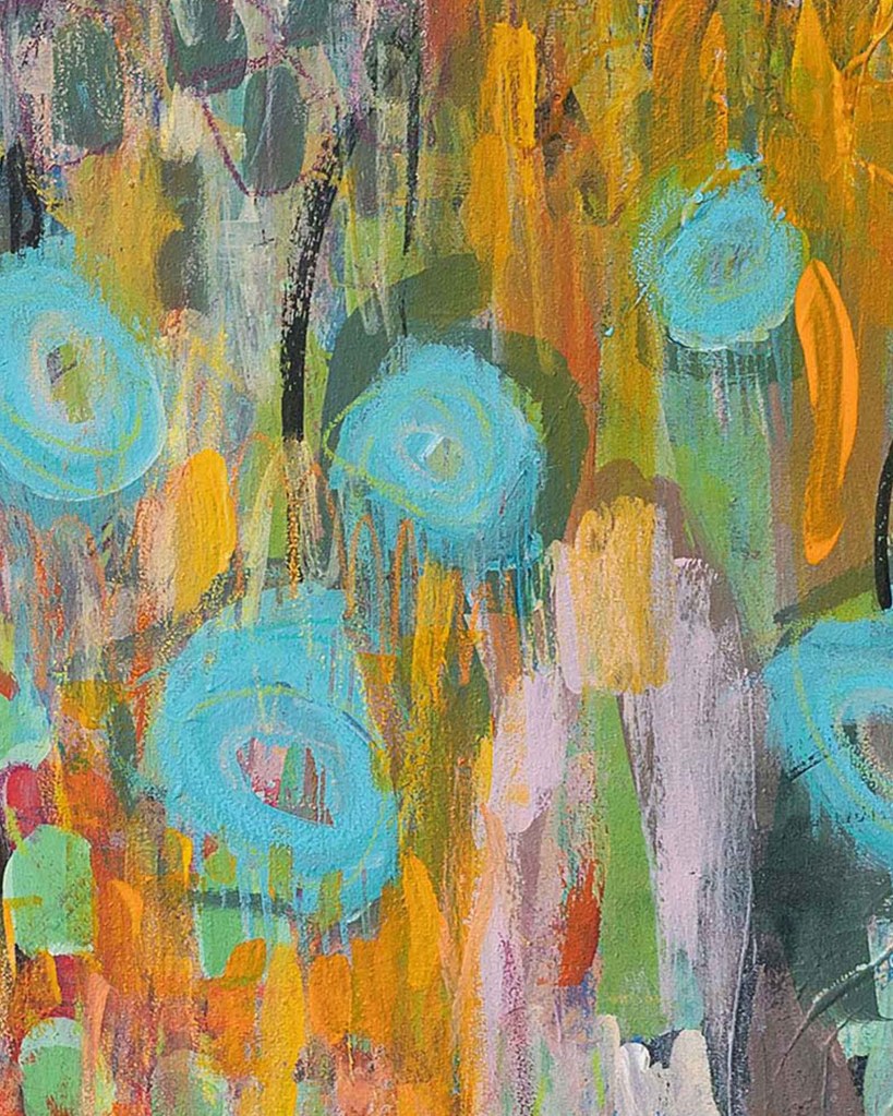 Close-up detail showing layered texture and painterly marks in Petals in Wild Abundance by Lisa Marie Jones