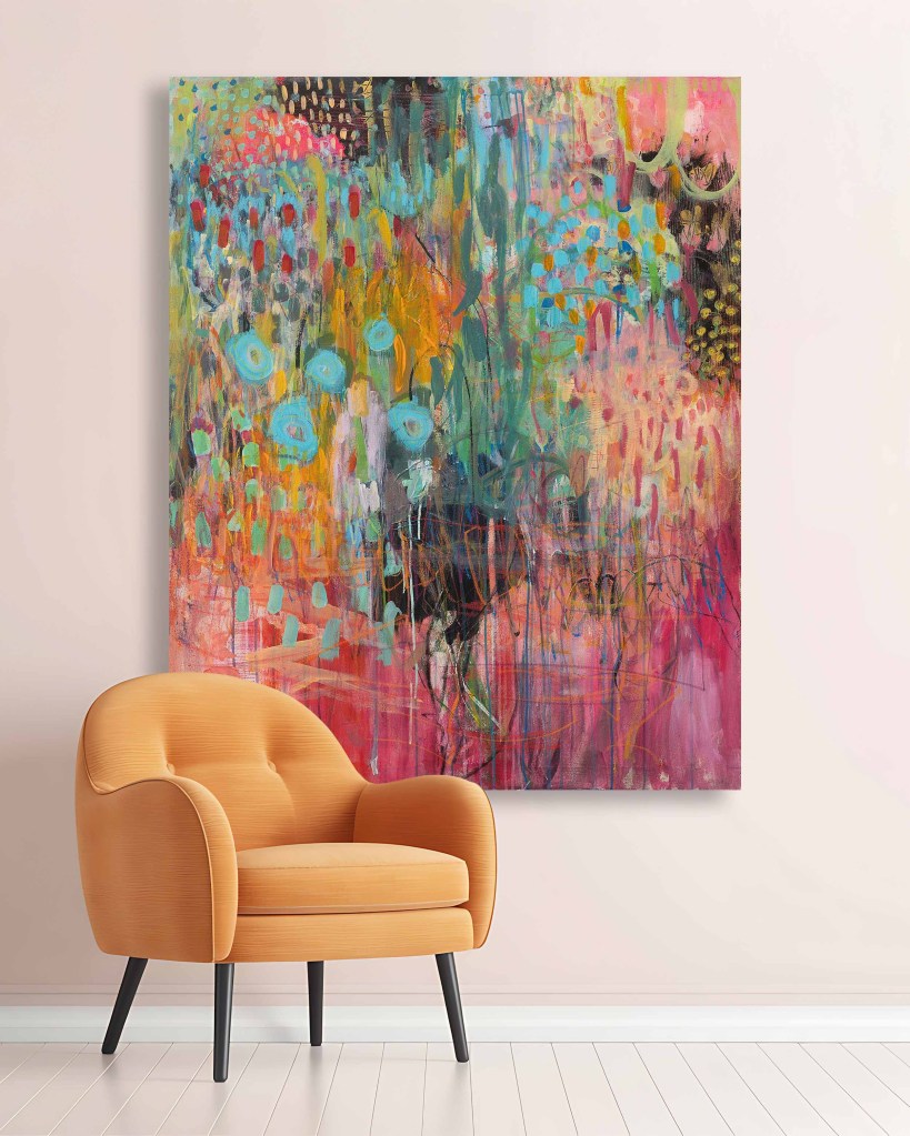 Petals in Wild Abundance by Lisa Marie Jones displayed in a contemporary interior, showing scale, warmth and visual impact