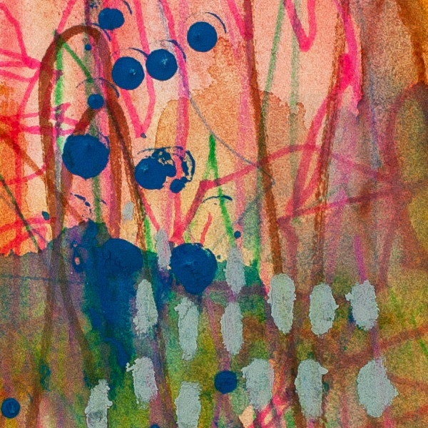 Textured detail of Rainbow Riot abstract artwork revealing layered paint, organic forms and joyful colour interaction