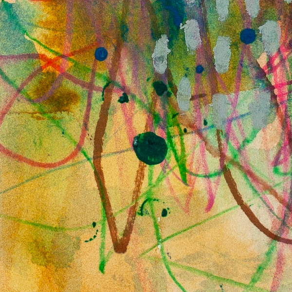 Detail of Rainbow Riot abstract painting showing expressive line work, blue dot accents and energetic movement
