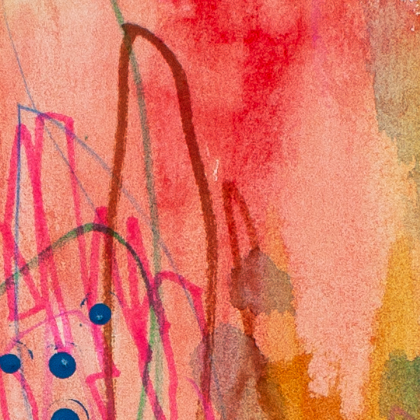 Close-up detail of Rainbow Riot abstract artwork highlighting vibrant colour, layered textures and spontaneous marks