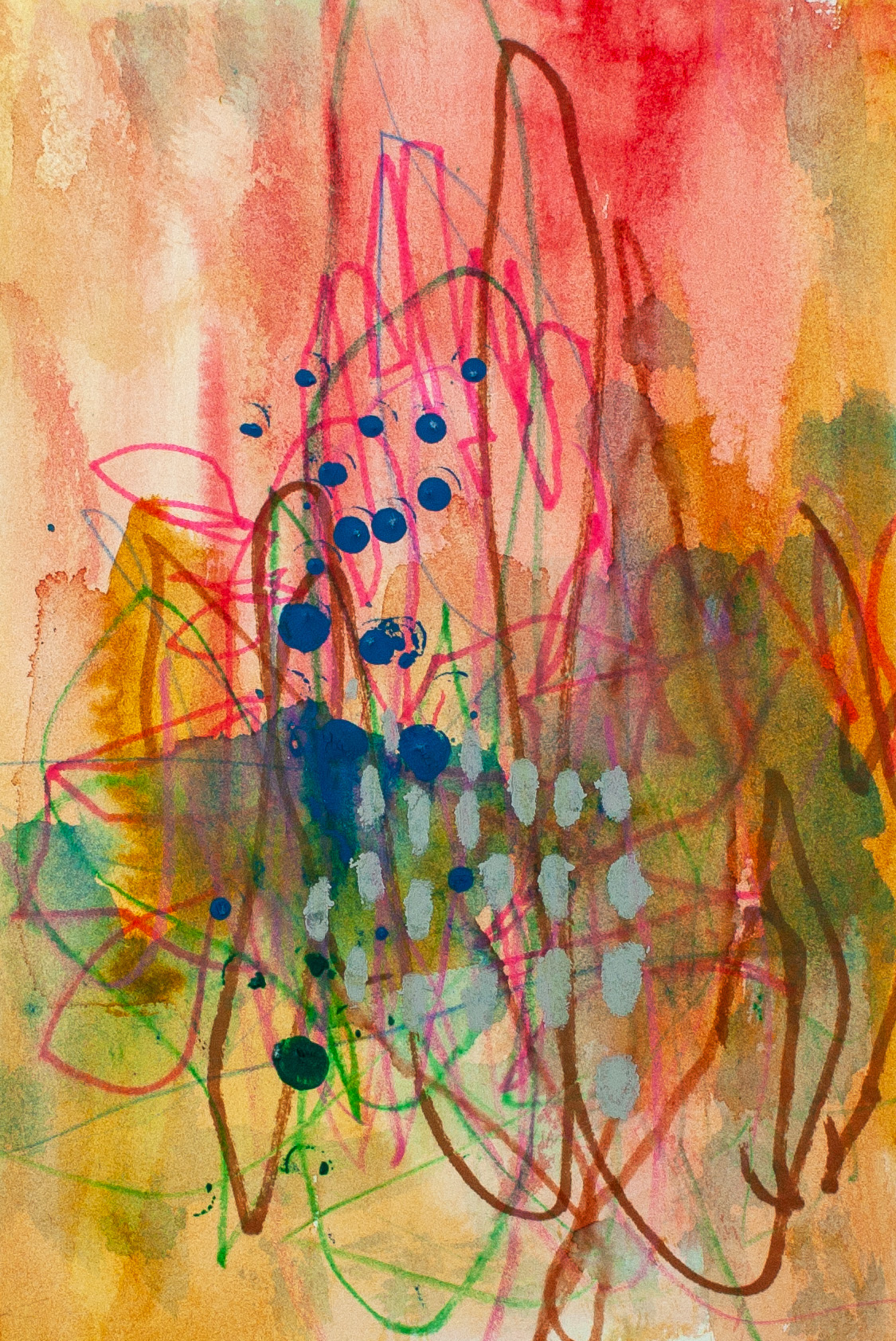 Abstract artwork titled Rainbow Riot featuring vibrant layered colour, expressive line work and energetic mark making