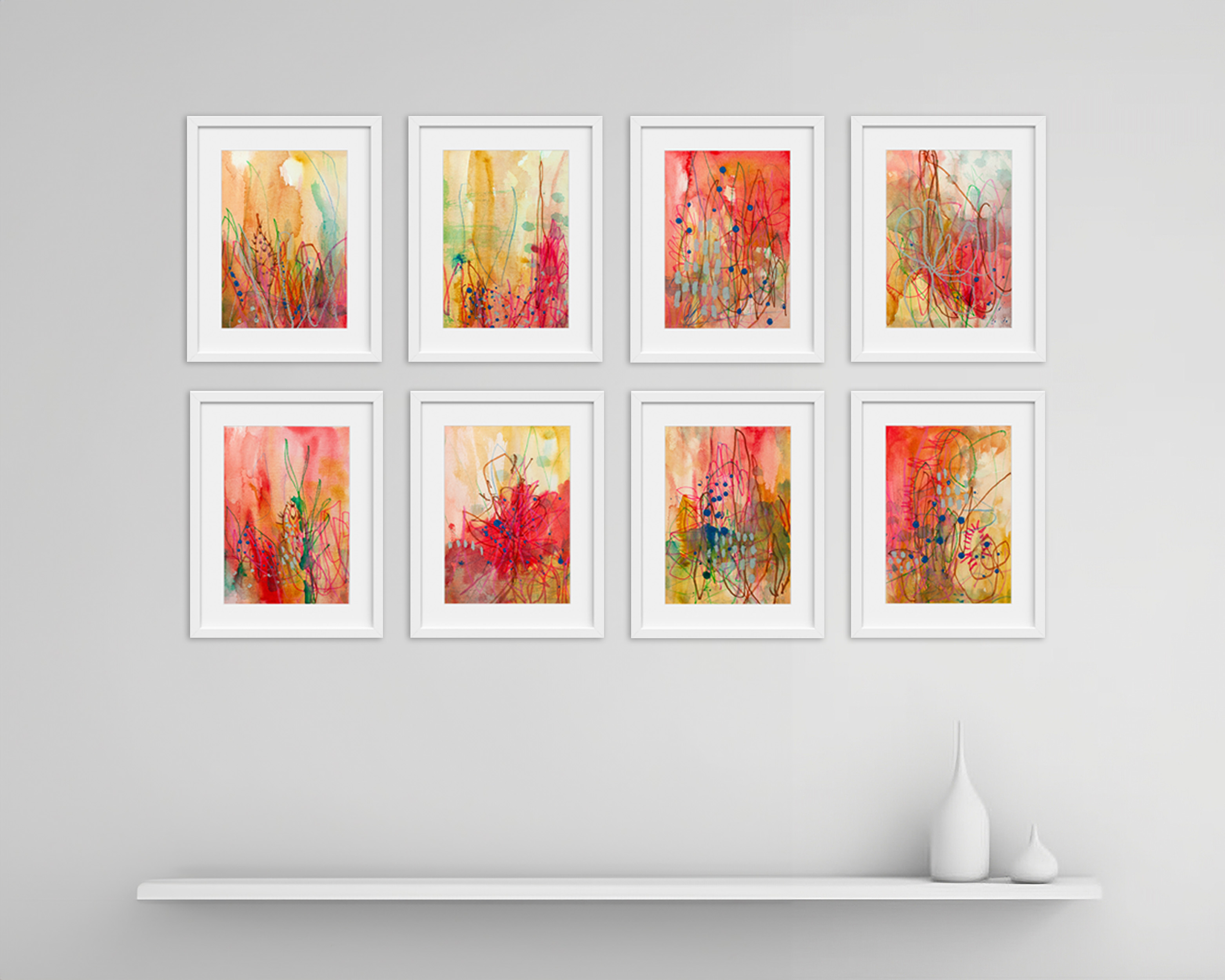 Abstract art series wall display featuring eight warm, desert-inspired paintings from the Succulent Skies collection by Lisa Marie Jones