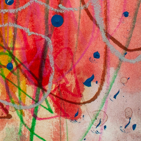 Close-up detail of Cactus Cloud by Lisa Marie Jones highlighting raised blue dot marks against layered pink, red, and earth-toned textures