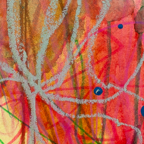 Detail of abstract artwork Cactus Cloud by Lisa Marie Jones showing looping gestural lines layered over warm coral, ochre, and soft green washes