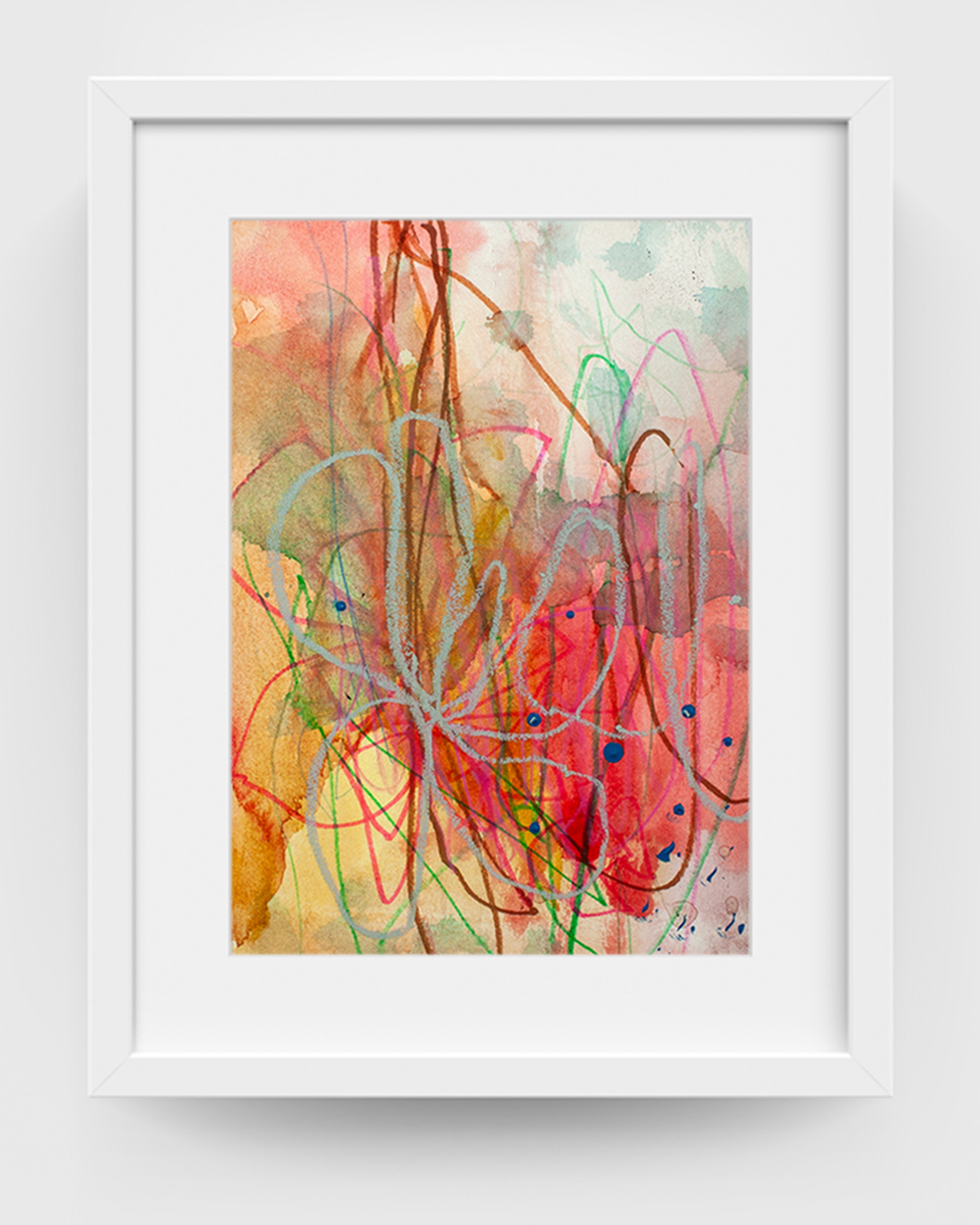 Cactus Cloud by Lisa Marie Jones, abstract artwork from the Succulent Skies series, shown in a white frame with layered coral, pink, sage, and blue markings