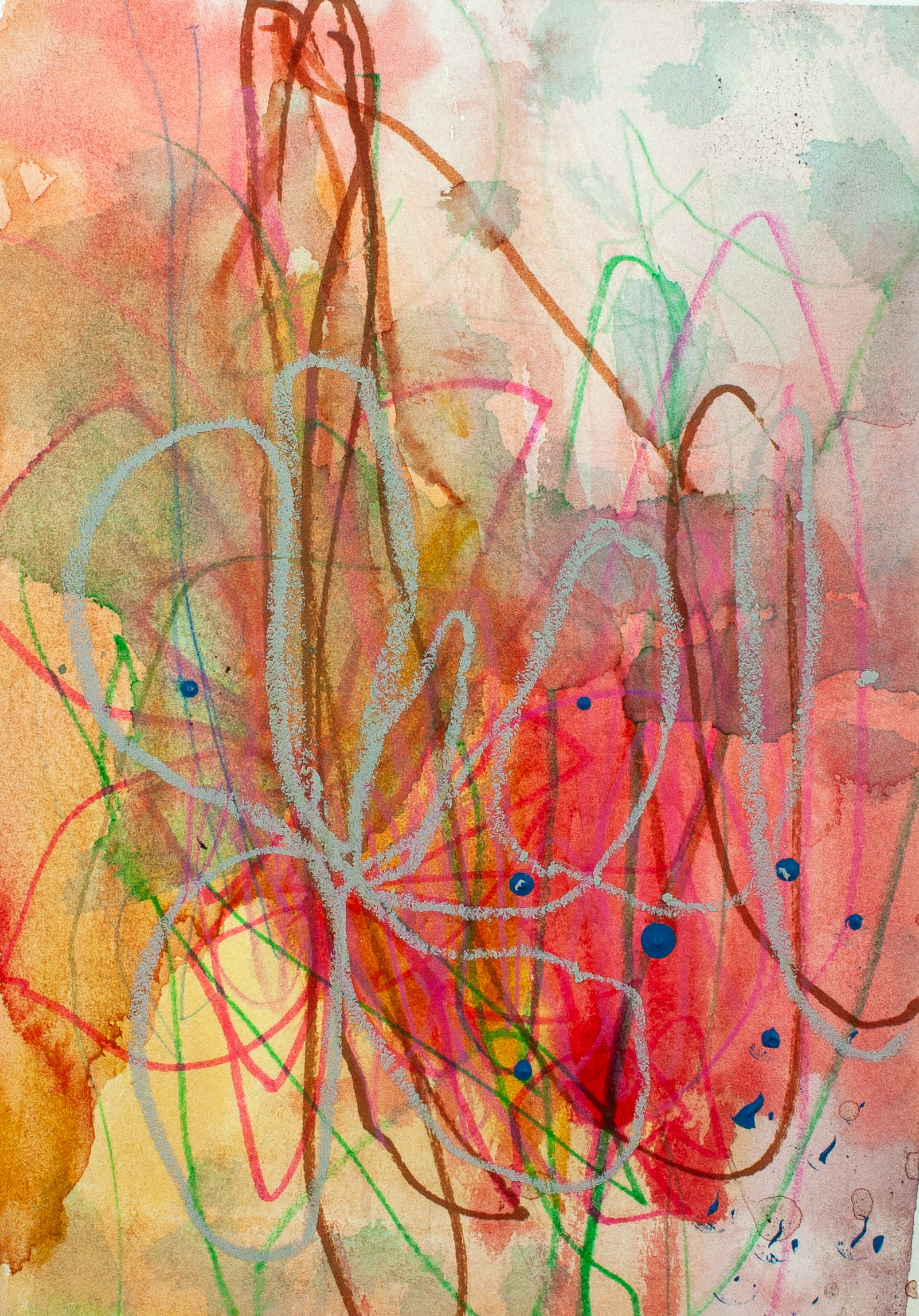 Full view of abstract artwork Cactus Cloud by Lisa Marie Jones, combining warm desert colours, looping linear forms, and gentle blue dot details