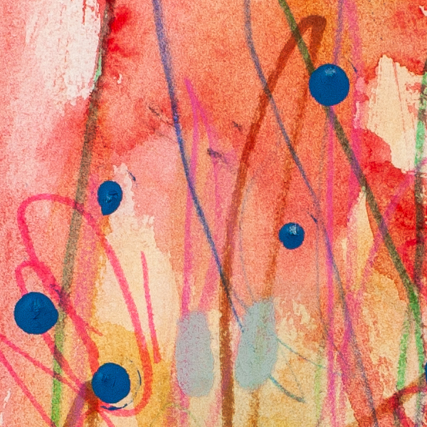 Detail of abstract artwork Cloudburst Cactus by Lisa Marie Jones highlighting expressive washes of coral, orange, and soft tonal transitions